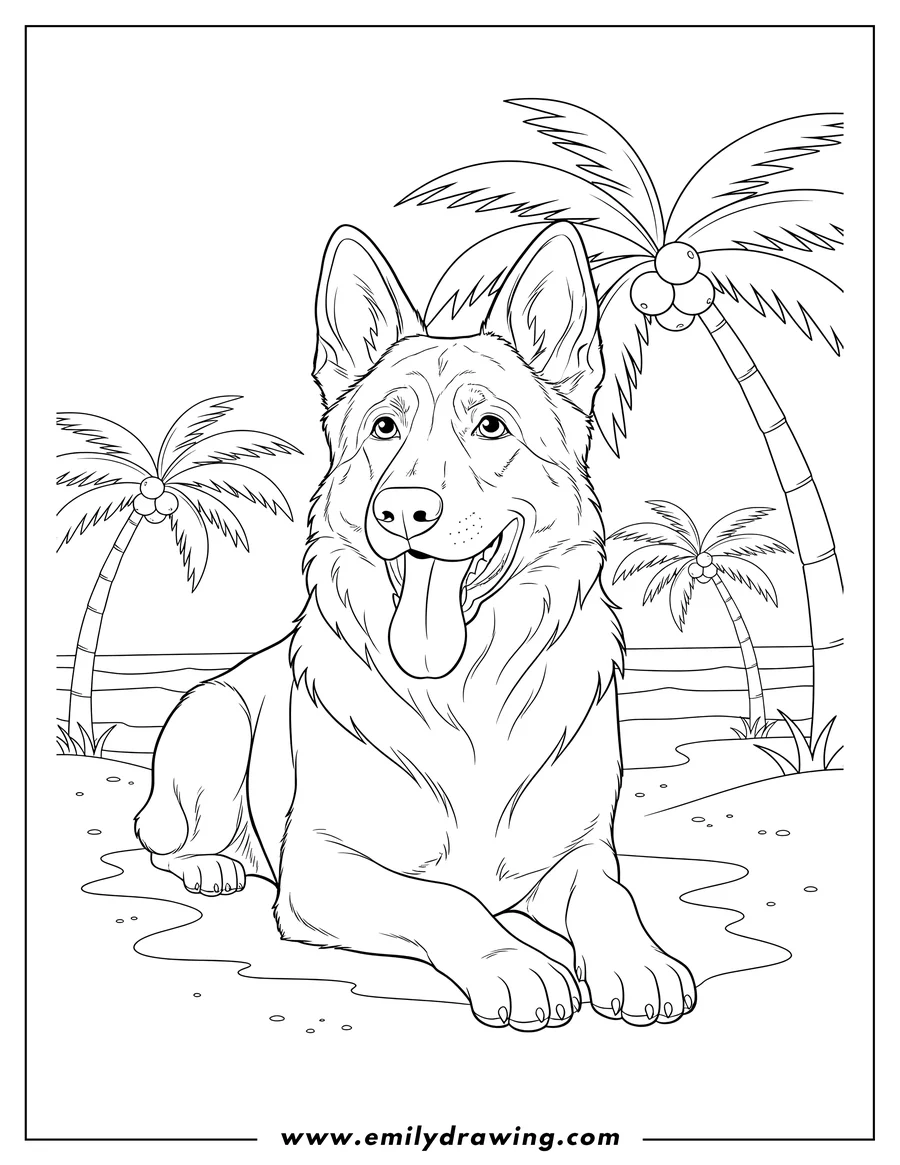Coloring page for kids: massive German Shepherd lying down with its tongue out and front paws together at the beach with coconut trees