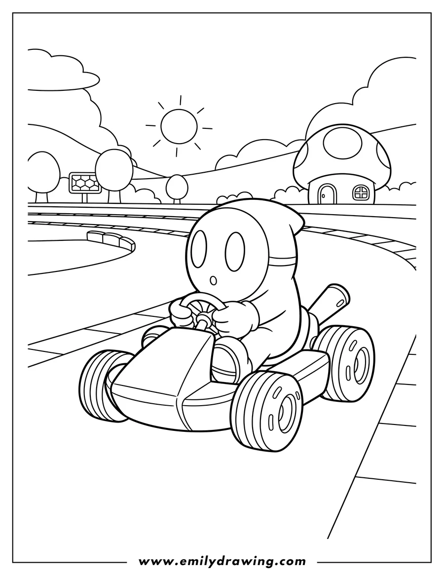 Free to print drawing of shy Guy in his racing kart on a Mario Kart Race Track