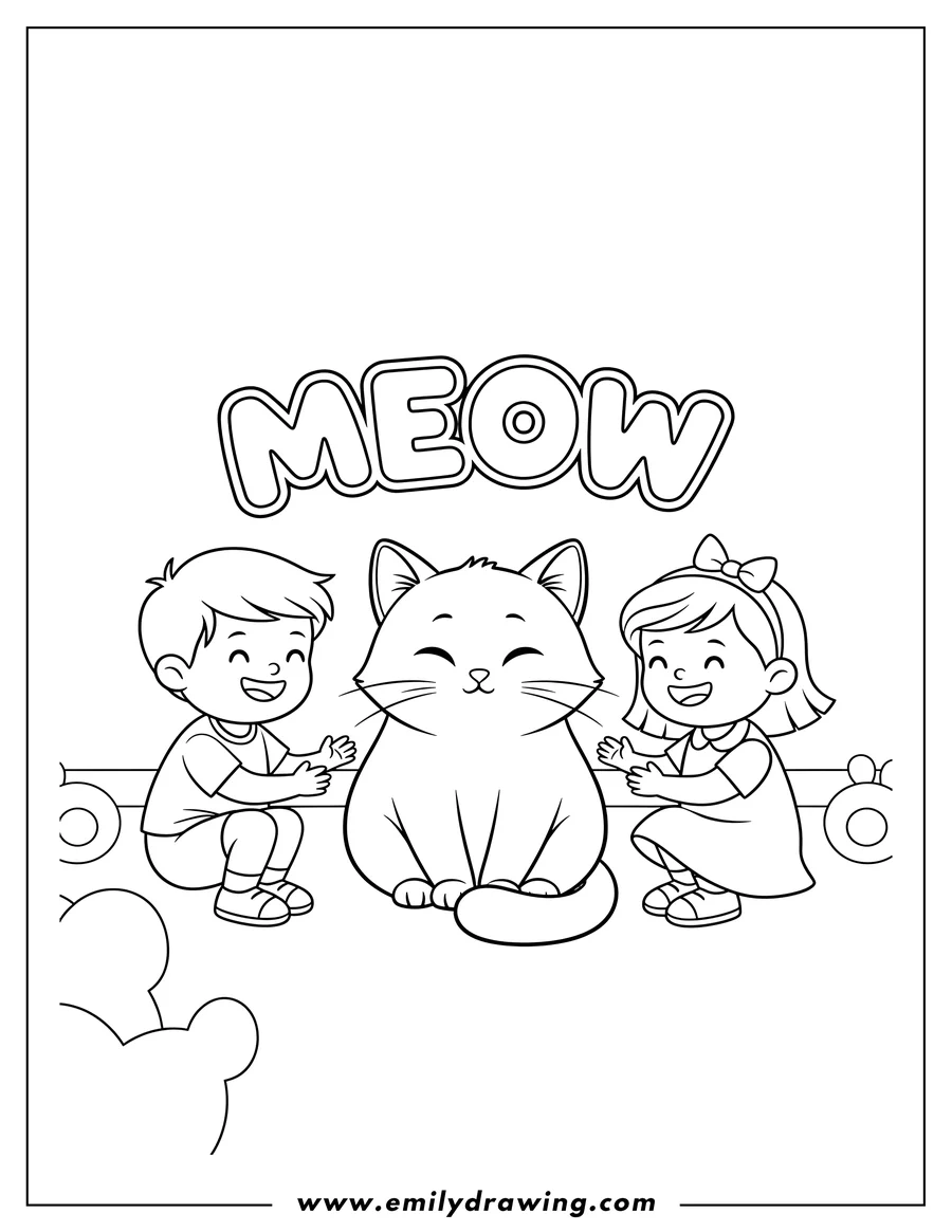 Coloring page for kids: shy Kitten sitting with MEOW text above, Preschoolers