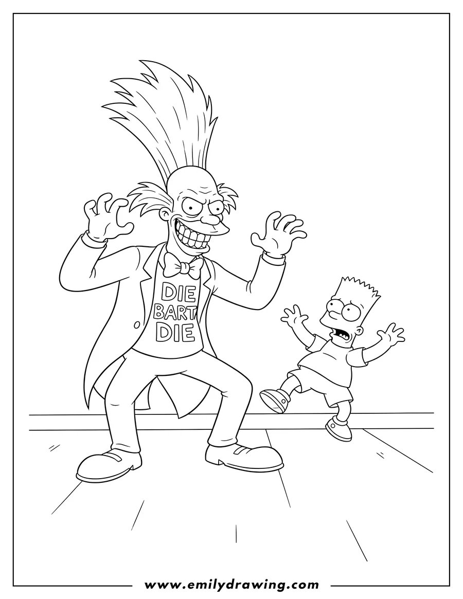 Simple sketch of sideshow Bob with a menacing grin and raised hands, wearing a DIE BART DIE shirt, scaring Bart Simpson to color
