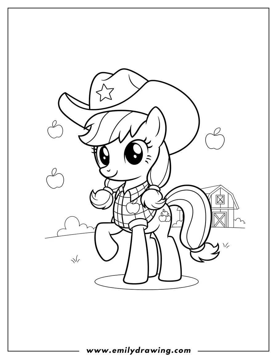 Free printable coloring sheet of simple Applejack Preschoolers, standing and wearing a cowboy hat