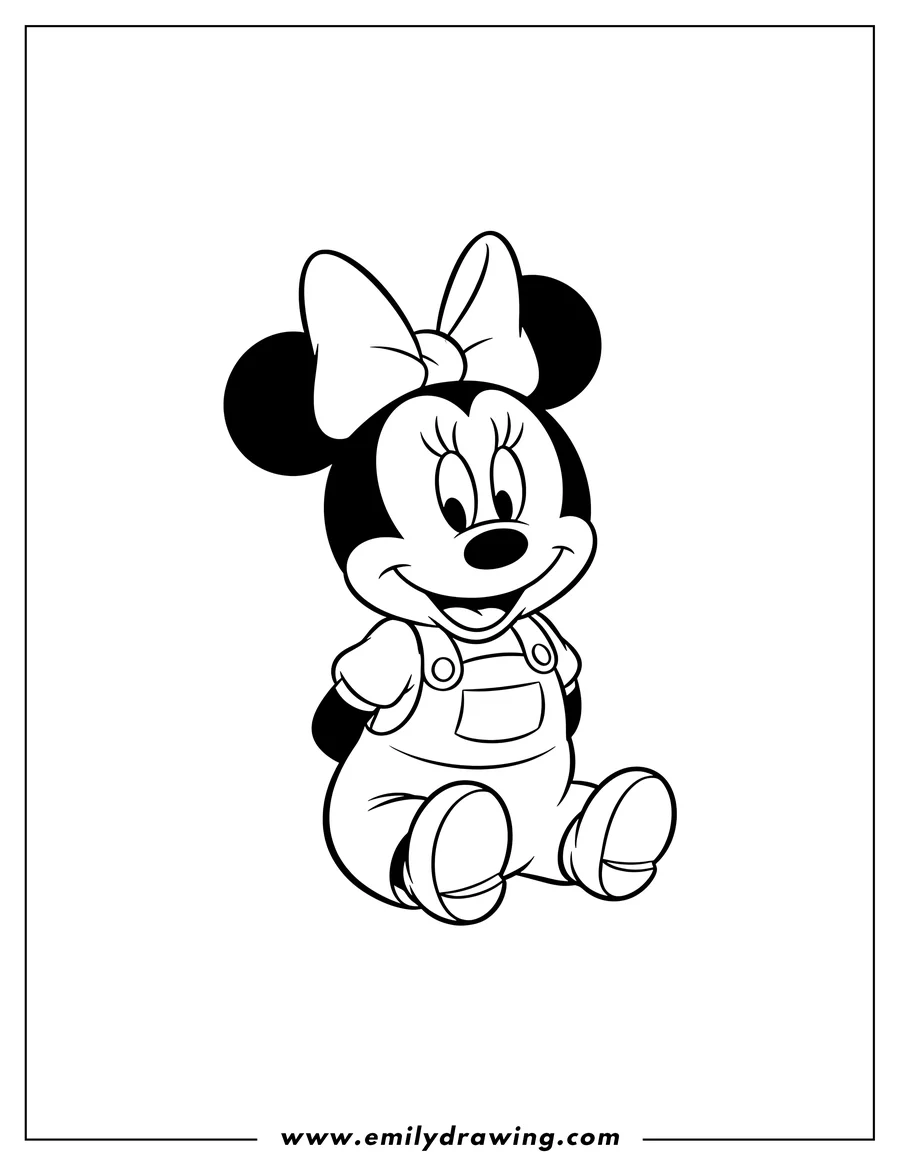 Coloring sheet featuring simple Baby Minnie Mouse Scaled sitting, smiling, and wearing overalls