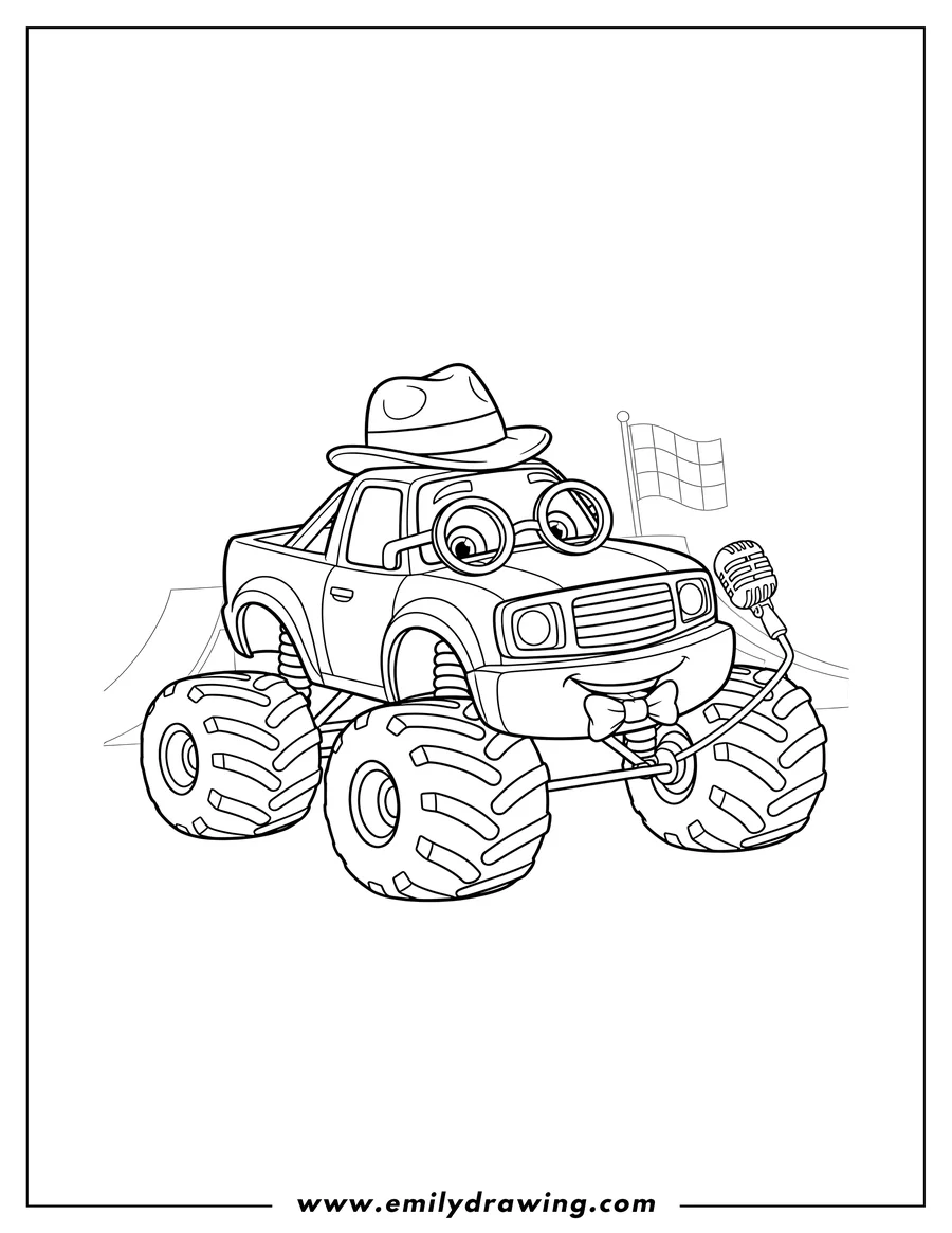 High quality printable simple Blaze monster truck wearing a hat, glasses, tie, and microphone to color for coloring