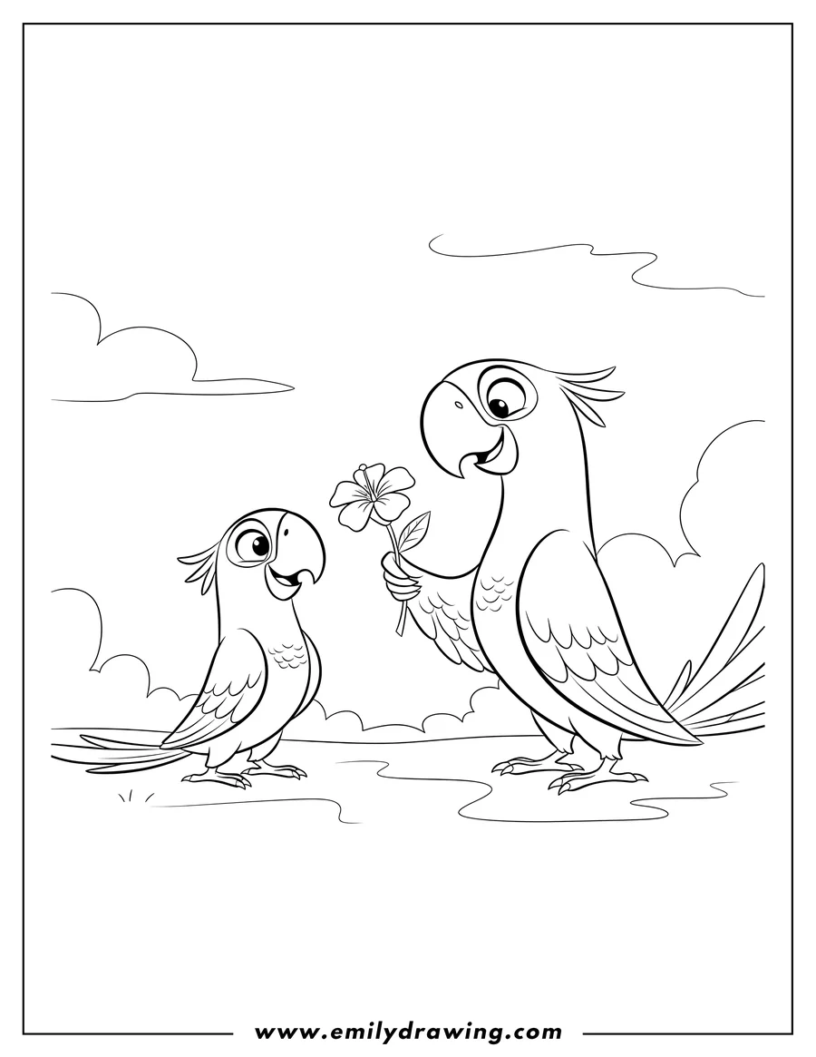 Vector style outline of simple Blu And Jewel, Jewel offering Blu a flower