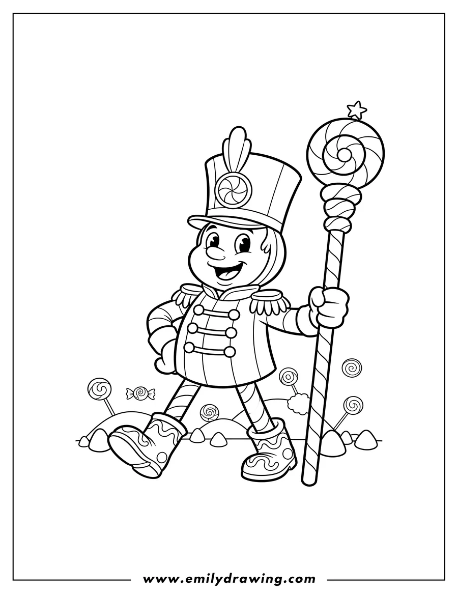 High quality printable simple Candy Land Mr. Mint marching with a candy cane staff for coloring