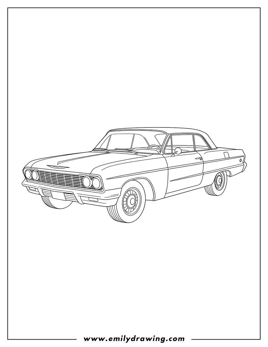 Outline drawing of simple classic Chevrolet Impala coupe, front side view
