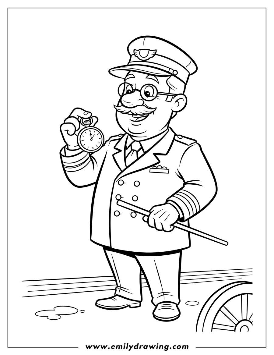 Free printable coloring sheet of simple Conductor checking time, holding a pocket watch, wearing a uniform and glasses