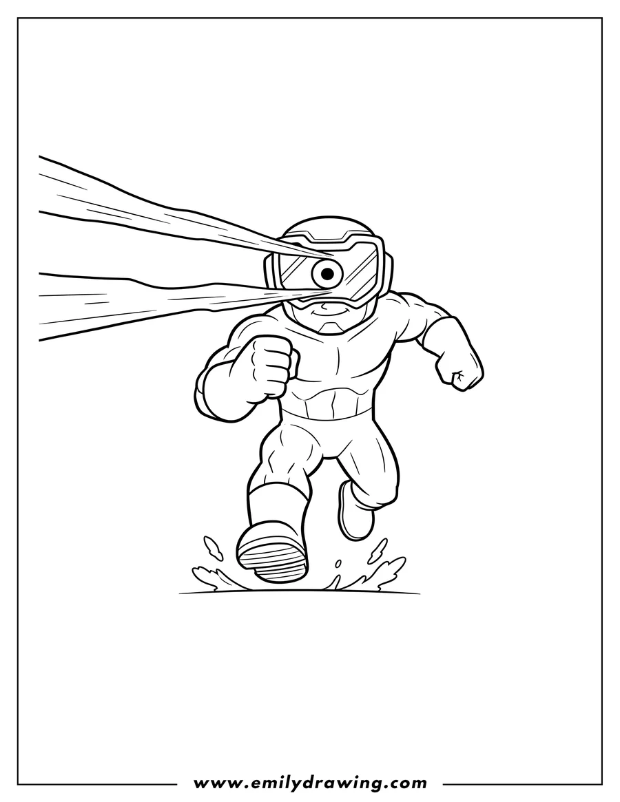 Black and white line art of simple Cyclops in a dynamic running pose, with one arm fisted and the other outstretched, emitting beams from his visor