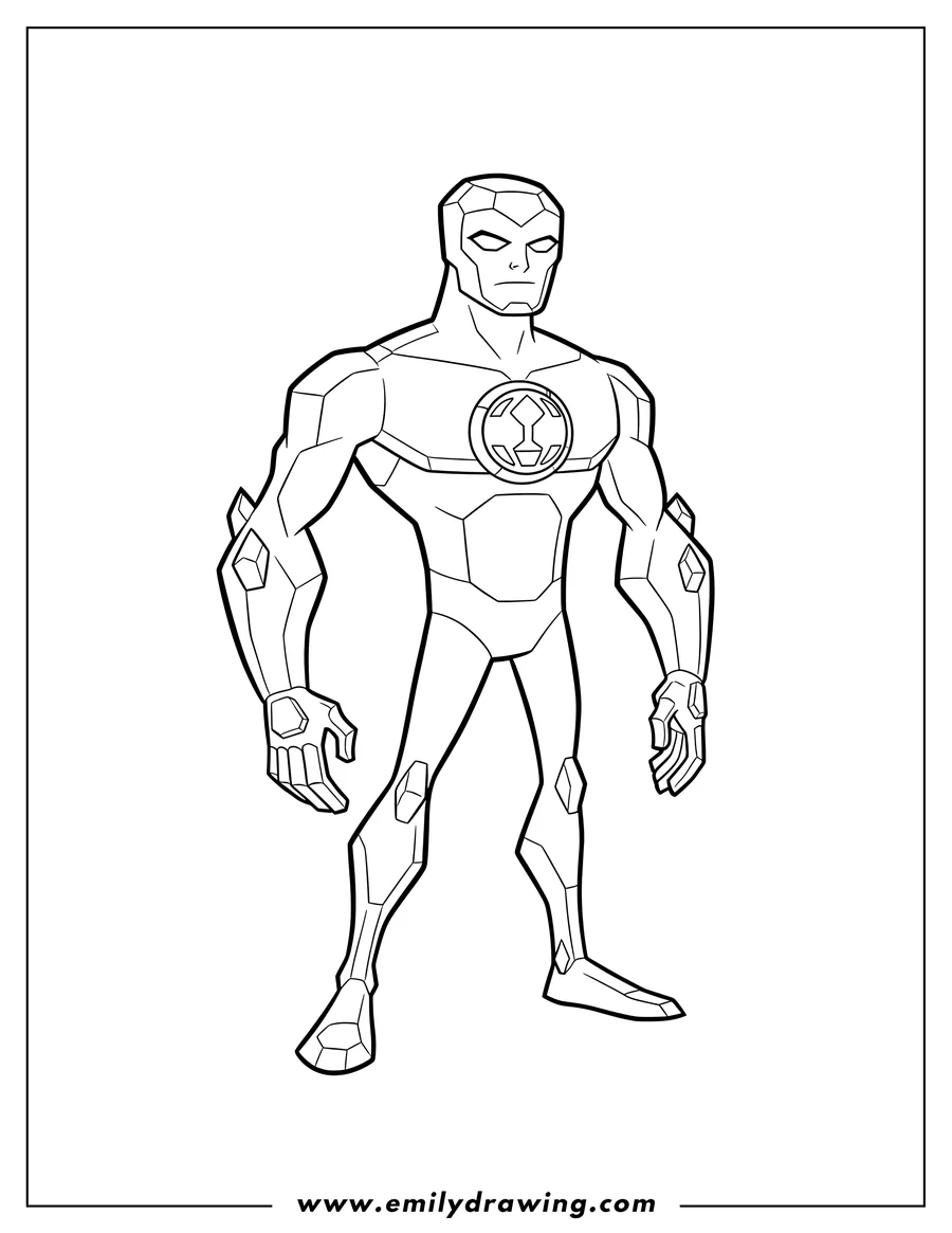 Black and white line art of simple Diamondhead standing with bent arms and the Omnitrix symbol on his chest