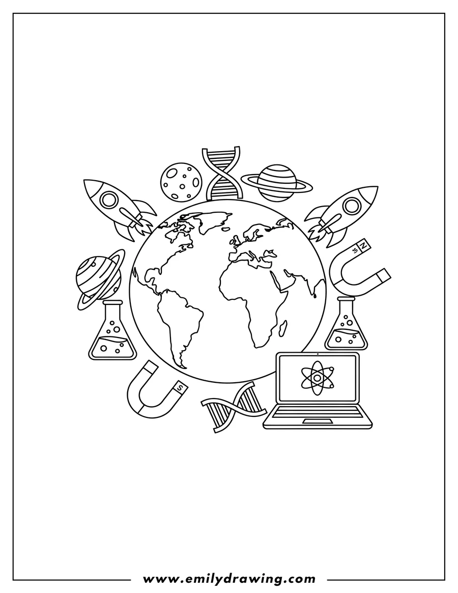 Clean line drawing: simple Earth surrounded by rockets, planets, flasks, magnets, DNA strands, and a laptop, in a science theme