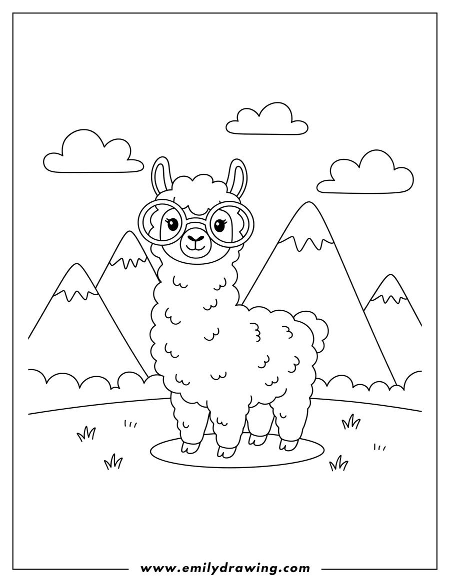 Linear illustration of simple Fluffy Llama wearing glasses standing in front of Tall Mountains Preschoolers