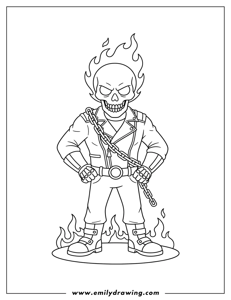 Linear illustration of simple Ghost Rider with flaming skull head standing