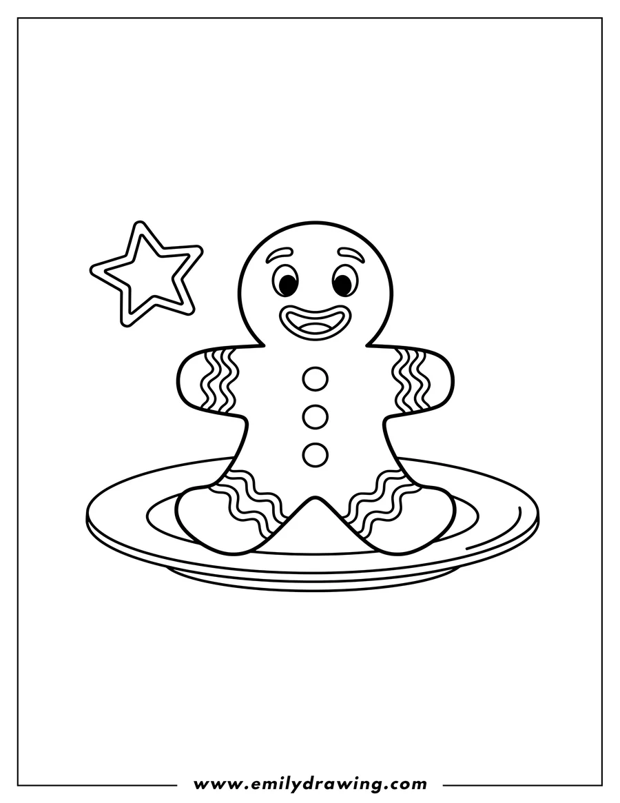 PDF style coloring page: simple Gingerbread Man with a cute smiling face and wavy icing details, on a plate, with a star, for preschoolers
