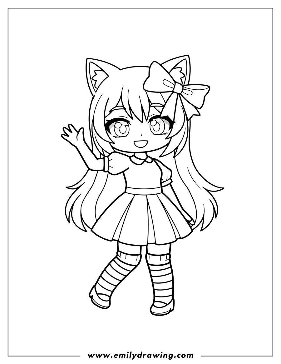 Coloring sheet featuring simple Gacha Life Girl Waving, with cat ears and a hair bow, wearing striped socks