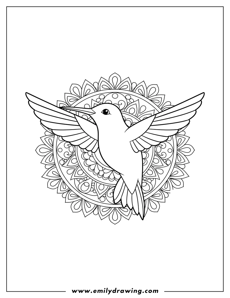 PDF style coloring page: simple Hummingbird flying with spread wings in front of a mandala