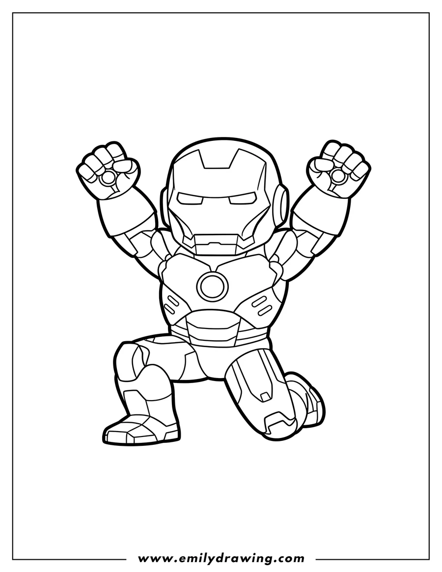 Coloring sheet featuring simple Iron Man Scaled, kneeling with arms raised