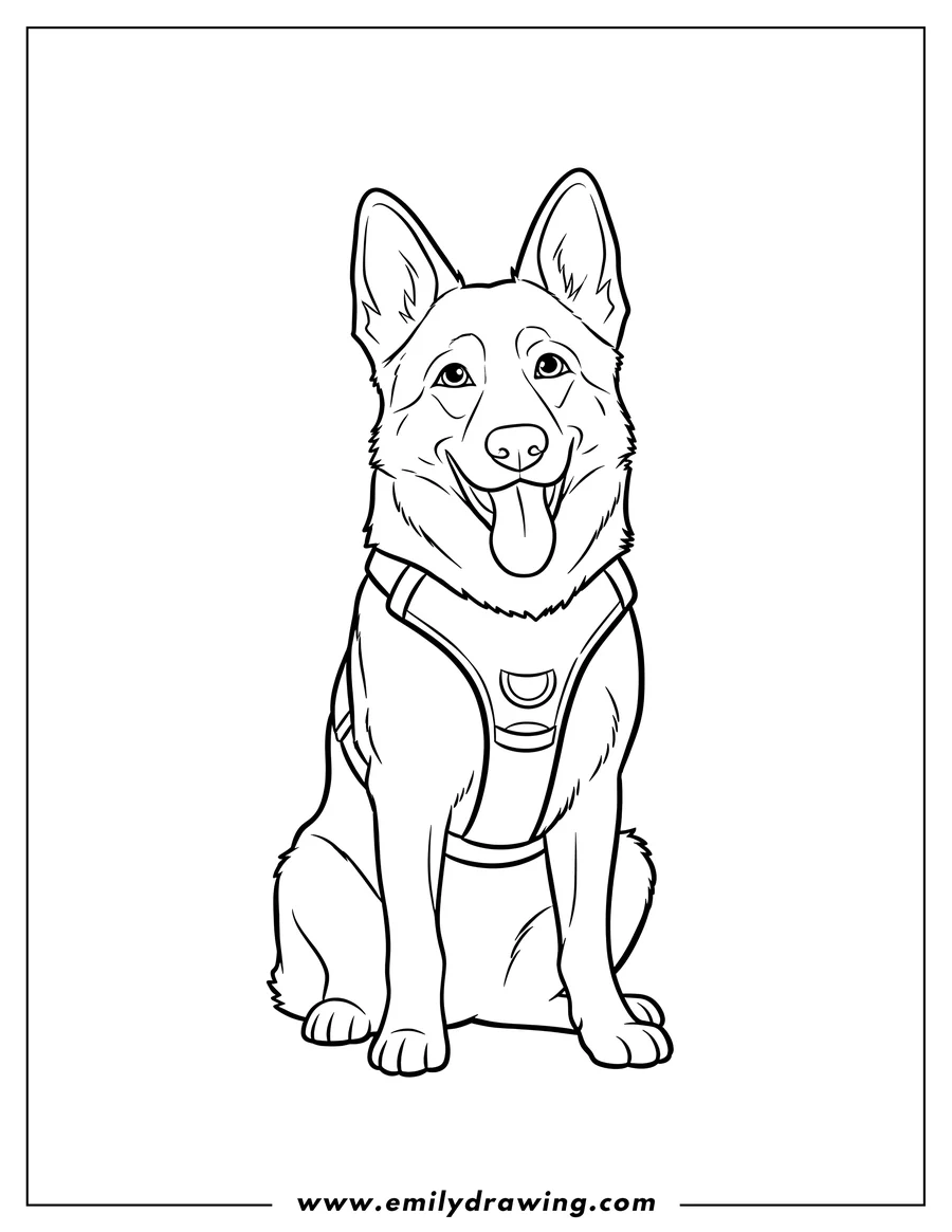 Simple sketch of simple German Shepherd K 9 Dog With Harness, sitting, with tongue out to color