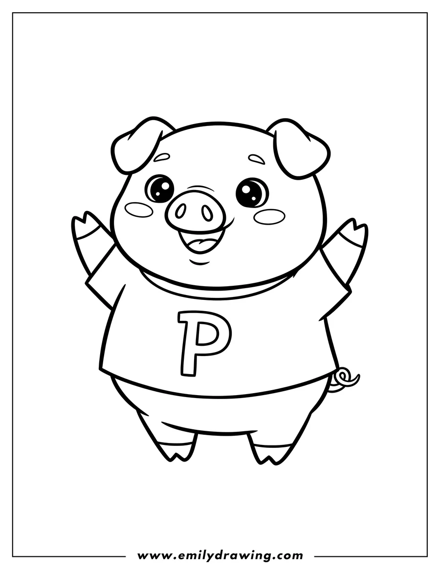 Outline drawing of simple Kawaii Pig Wearing Shirt with a 'P' and Arms Raised Preschoolers
