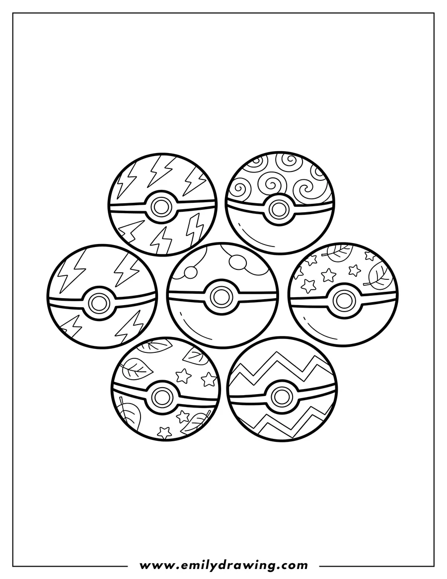 Downloadable coloring page of simple line art Pokeballs with different markings