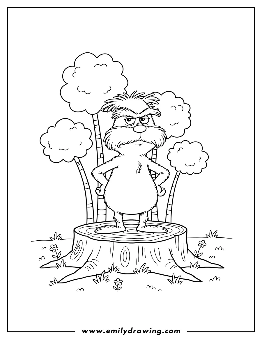 Simple sketch of simple Lorax standing on a tree stump with hands on hips in Truffula Forest to color
