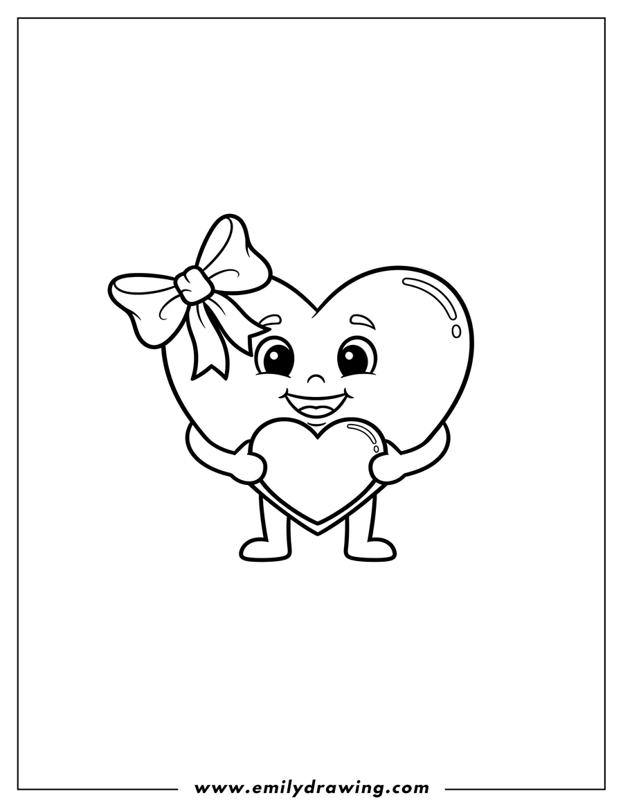 Coloring page for kids: simple Love Heart With Bow Preschoolers, smiling and holding a smaller heart
