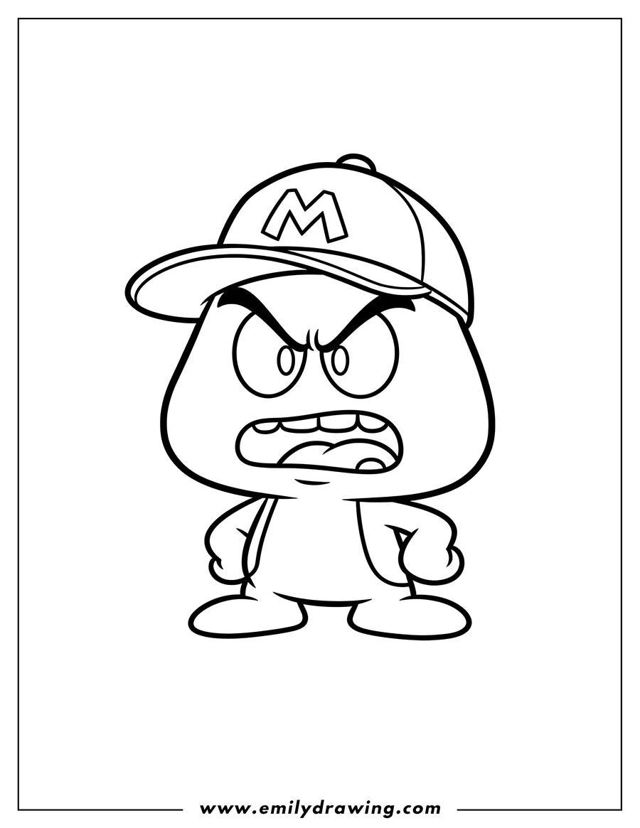 Linear illustration of simple Mario Goomba outline wearing an 'M' cap and an angry expression