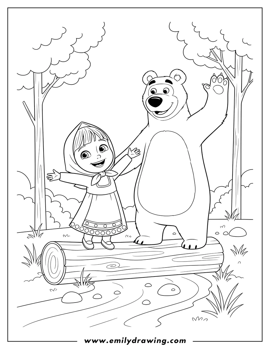 Free printable coloring sheet of simple Masha And Bear Outdoors, Masha standing on a log with arms out, Bear waving