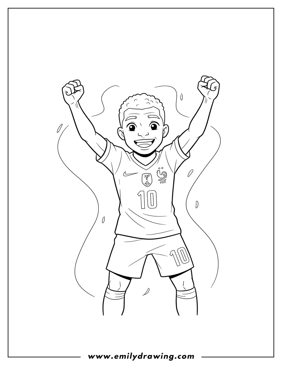 Printable coloring page of simple Kylian Mbappe With Fists Air, wearing his number 10 soccer jersey and smiling