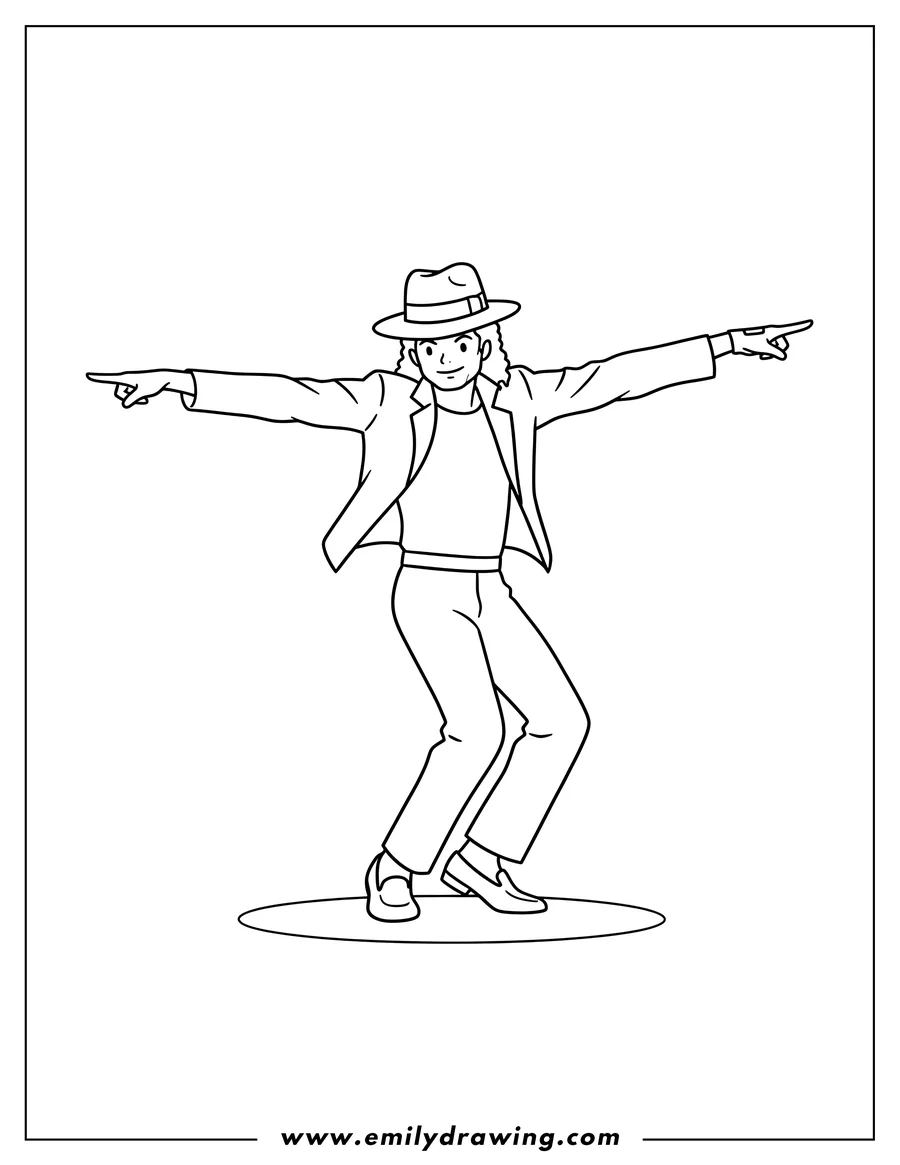 Full page coloring image of simple Michael Jackson Dancing Outline, wearing a fedora, with arms outstretched and pointing