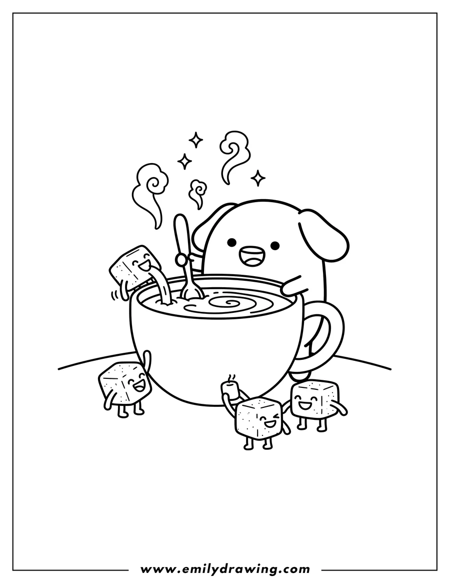 Free to print drawing of simple Molang Mixing Hot Chocolate with a Spoon and Friendly Sugar Cubes
