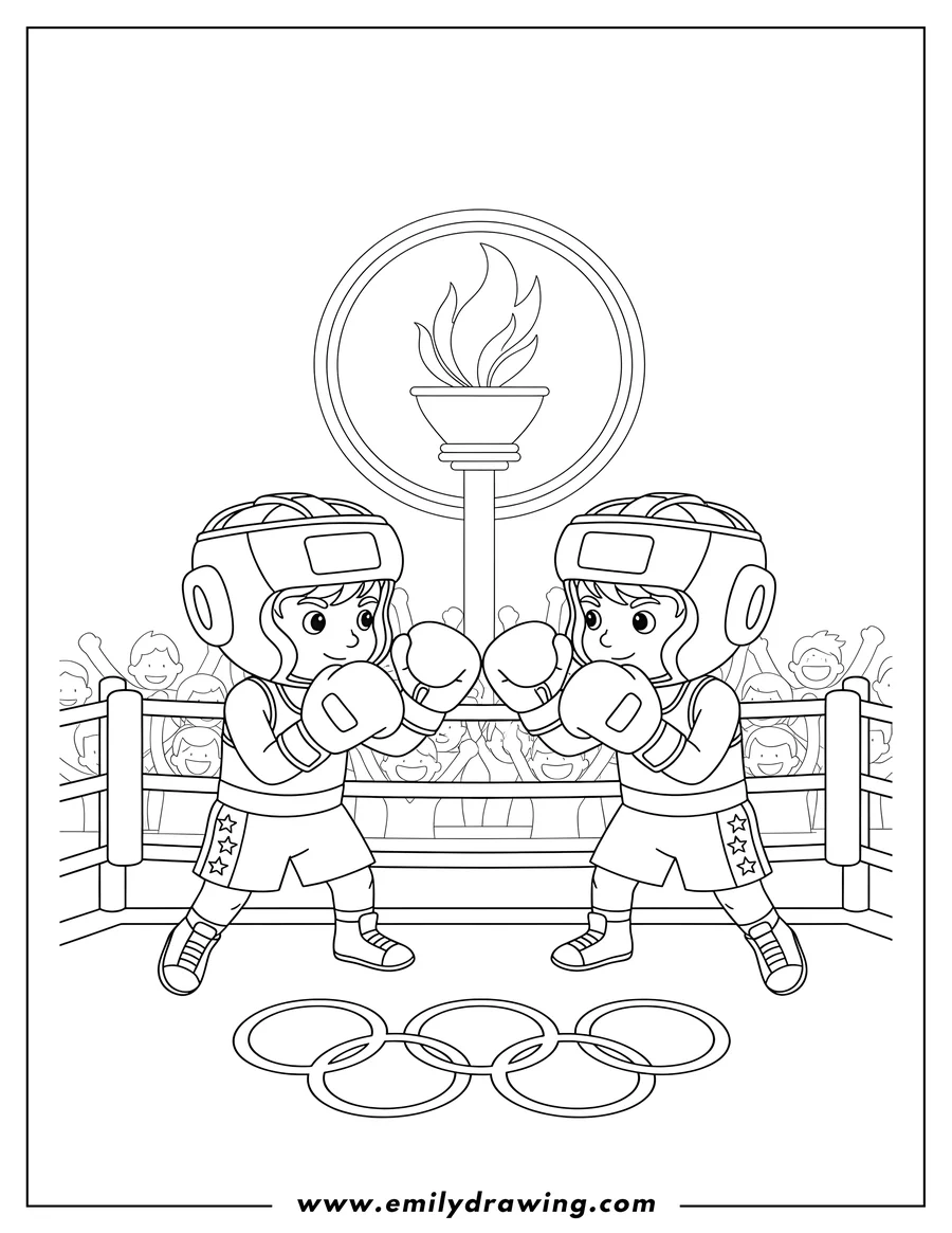 Free printable coloring sheet of simple Olympic Boxing, two boxers wearing headgear and gloves
