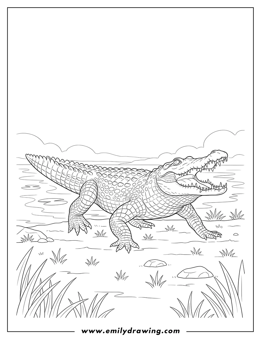 Doodle style coloring picture of simple Outline Freshwater Crocodile walking from water onto land with its mouth open, To Color Scaled