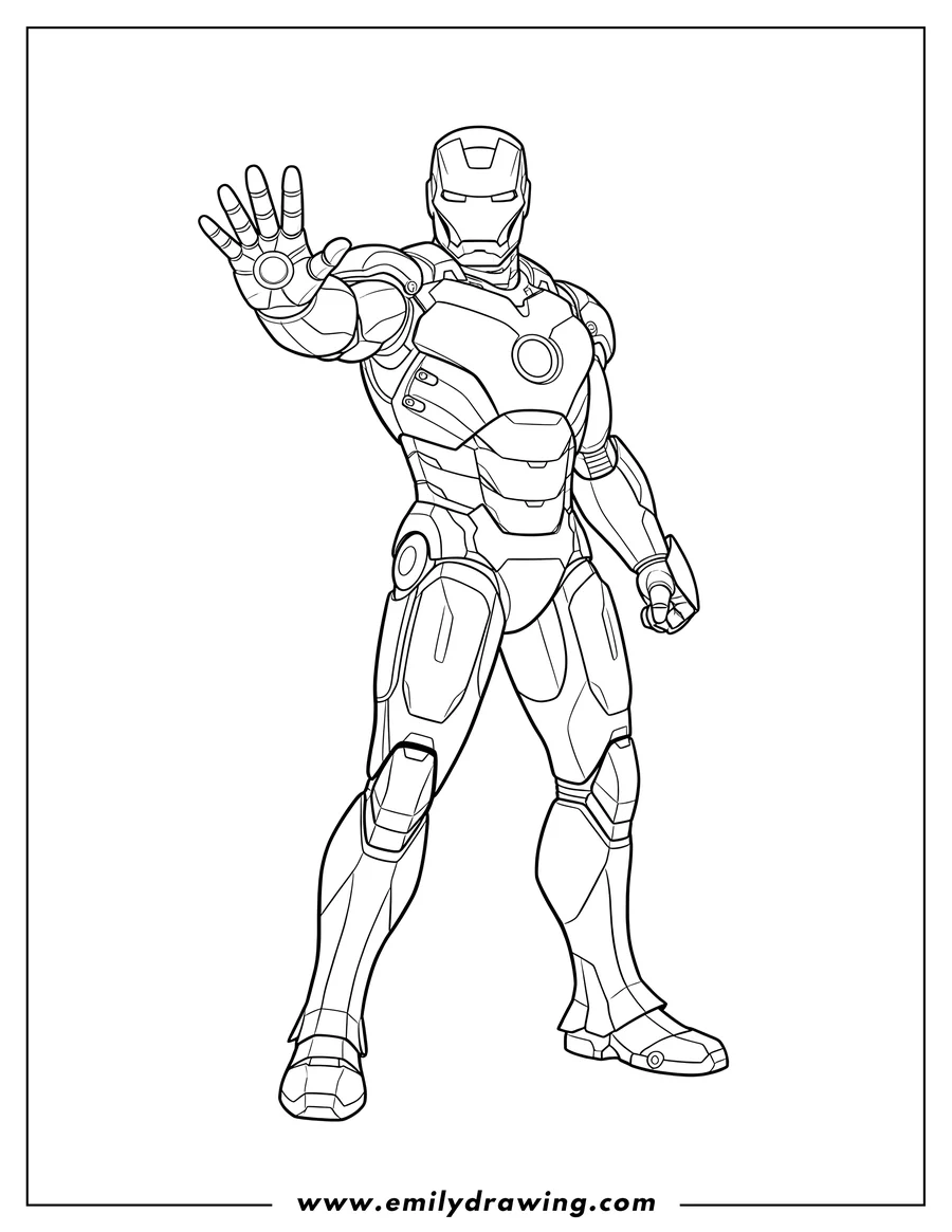 Downloadable coloring page of simple Outline Iron Man To Color Scaled, standing with right arm extended and palm open