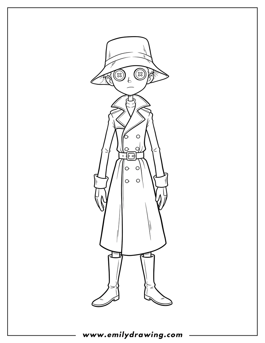 Downloadable coloring page of simple Outline Other Wybie standing in a long coat