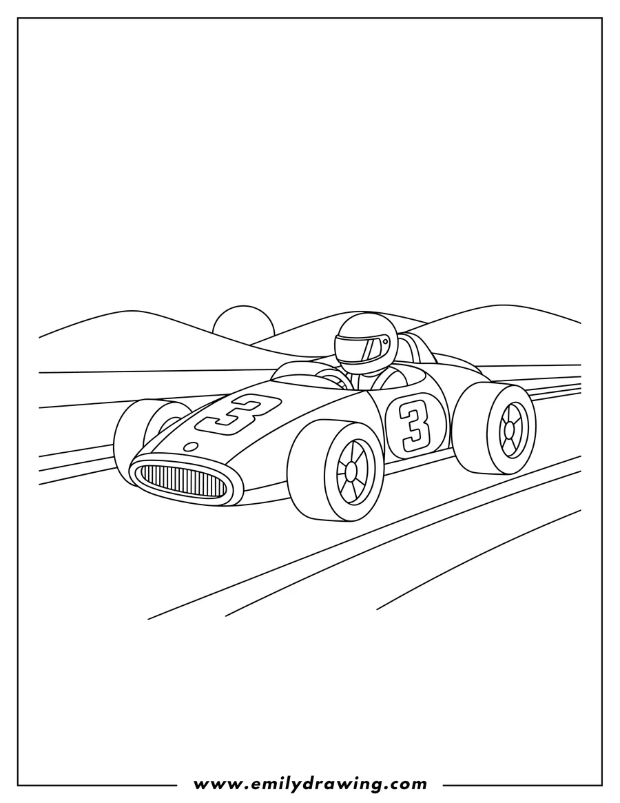 Downloadable coloring page of simple outline race car with number 3 and driver in helmet on a track