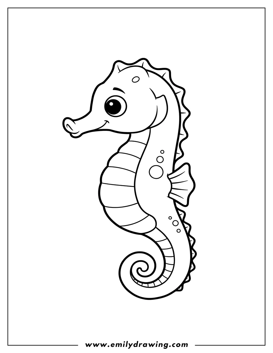 Free printable coloring sheet of simple Outline Seahorse Preschoolers, looking left with curled tail