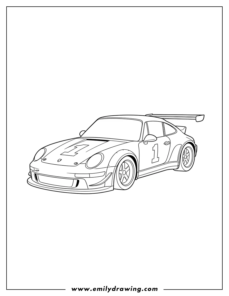 Full page coloring image of simple Outline Solido Porsche race car with widebody kit and racing number 1