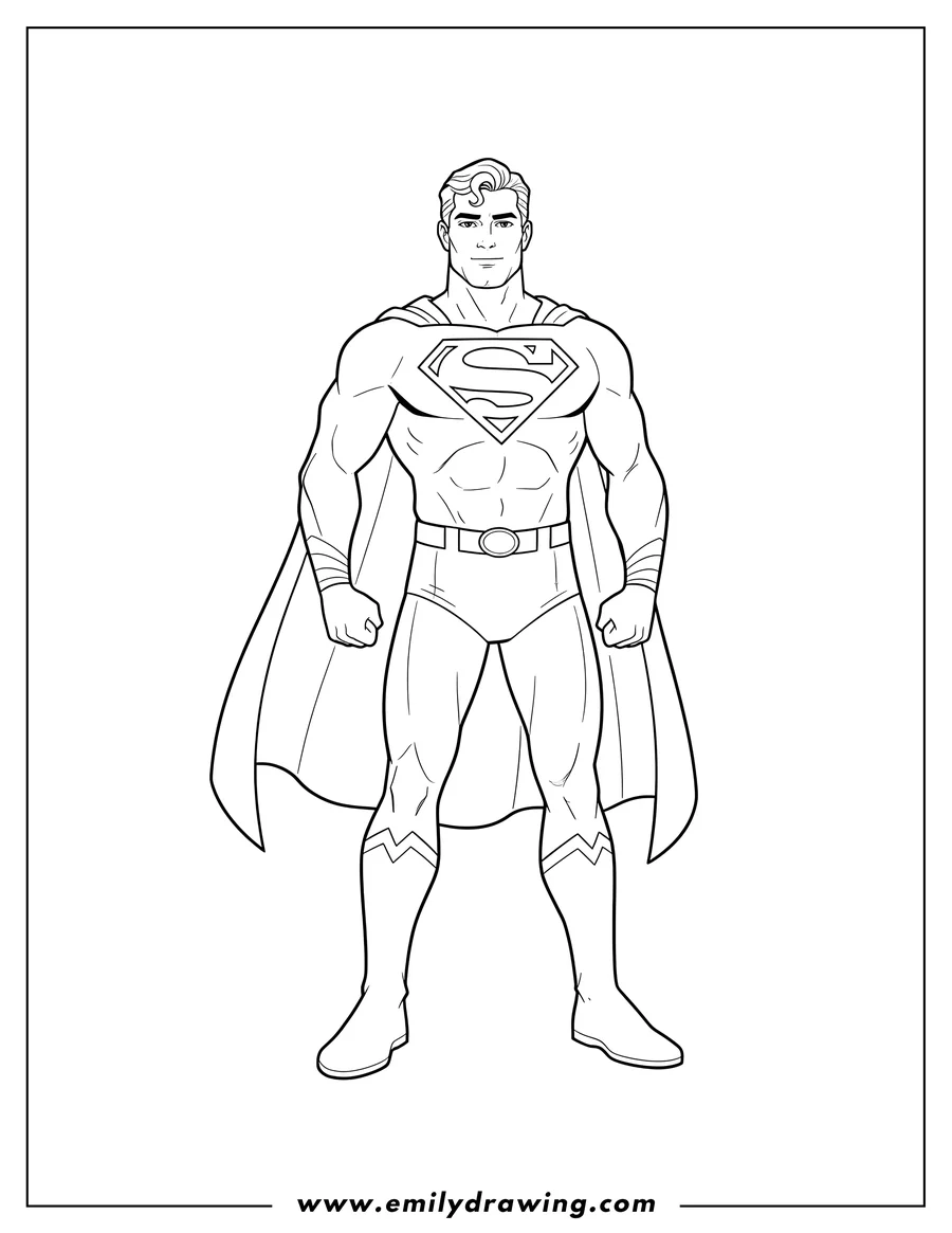 Coloring page of simple Outline Superman To Color Scaled, standing in a confident pose, wearing his classic suit and cape