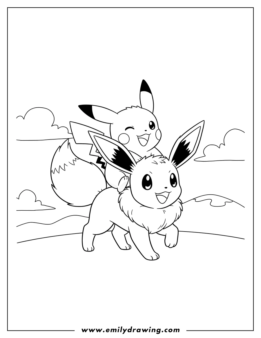 Printable coloring page of simple Pichu riding on Eevee's back, both smiling