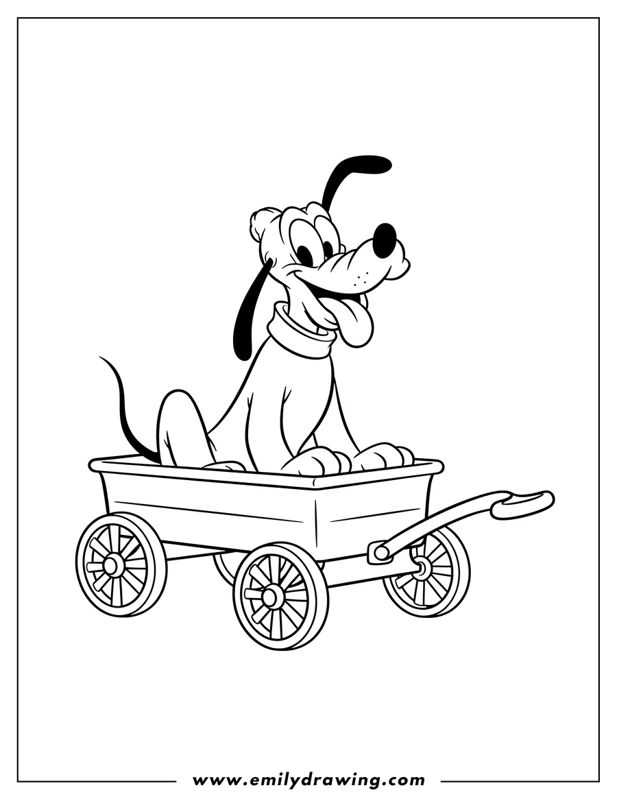 Simple sketch of simple Pluto sitting in a wagon, smiling with tongue out, for preschoolers to color