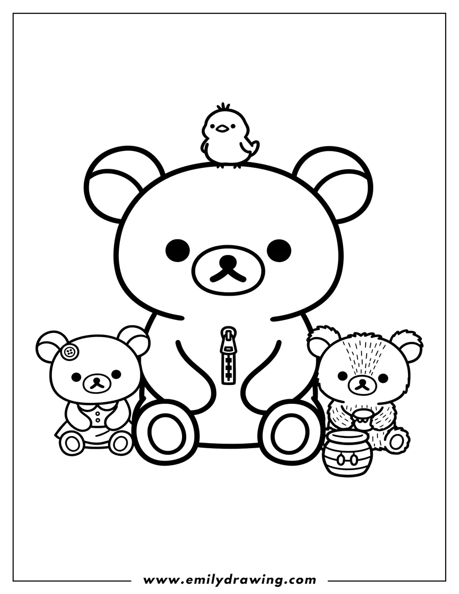 Linear illustration of simple Rilakkuma Outline sitting with Kiiroitori on its head, and Korilakkuma and Chairoikoguma Preschoolers sitting around its feet