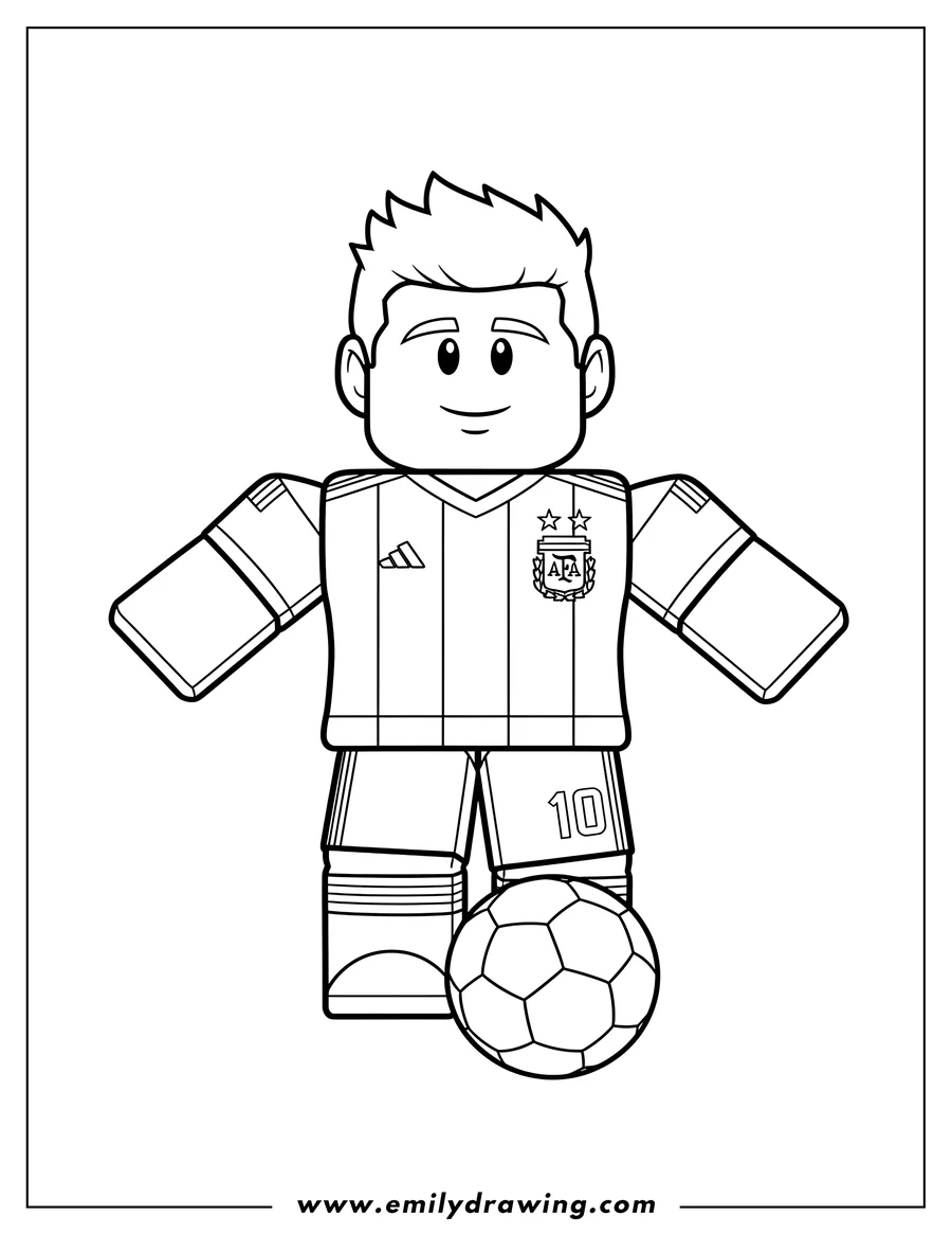 Doodle style coloring picture of simple Roblox Lionel Messi in Argentina jersey with number 10 and two stars, for preschoolers