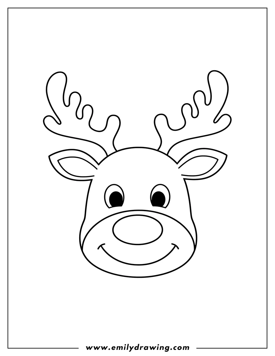 Free to print drawing of simple Rudolph Face Template, a coloring page of a reindeer head with antlers, an oval nose, and a smiling mouth