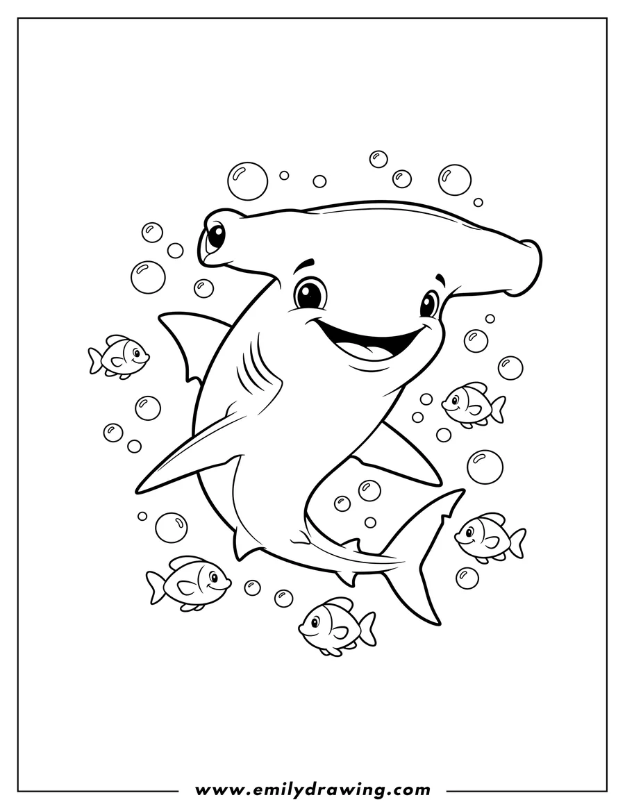 Doodle style coloring picture of A simple smiling hammerhead shark, surrounded by bubbles and small fish
