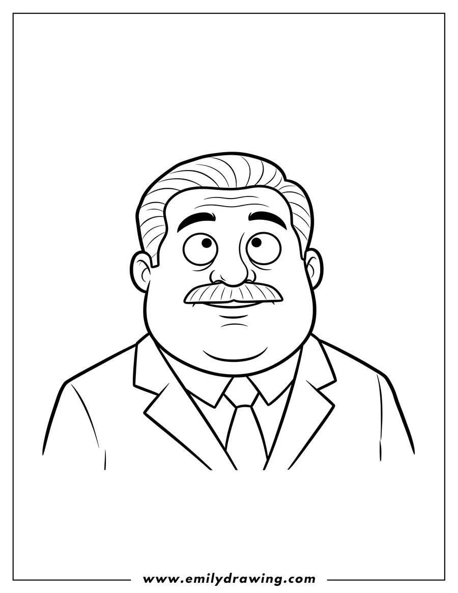 Printable coloring page of simple Stanley Hudson rolling his eyes, wearing a suit and tie, with a mustache