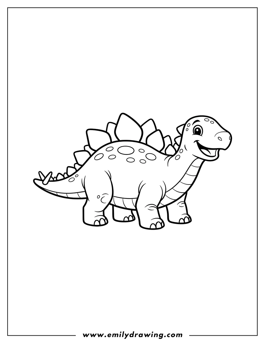 Coloring page for kids: simple Stegosaurus, smiling
