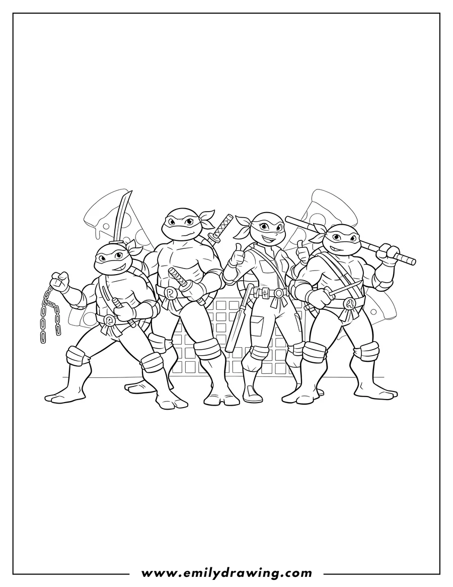 Coloring page of simple Teenage Mutant Ninja Turtles and April O'Neil posing together