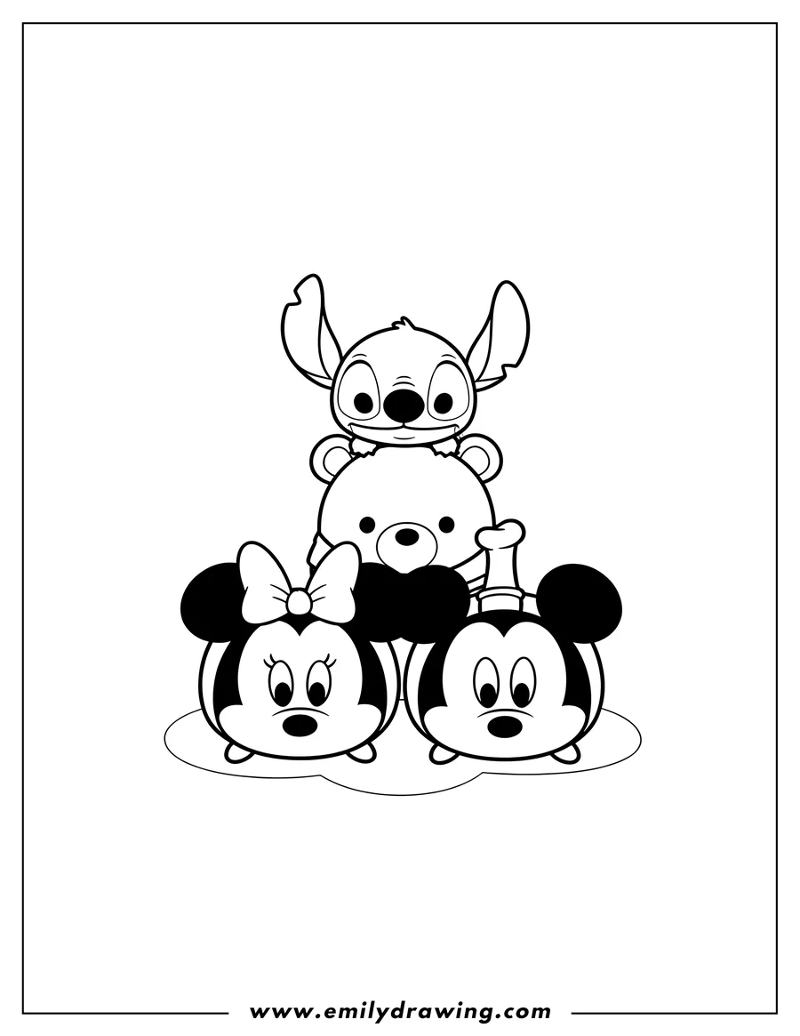 Free to print drawing of simple Tsum Tsum Pyramid Stack featuring various Disney characters like Mickey and Pooh