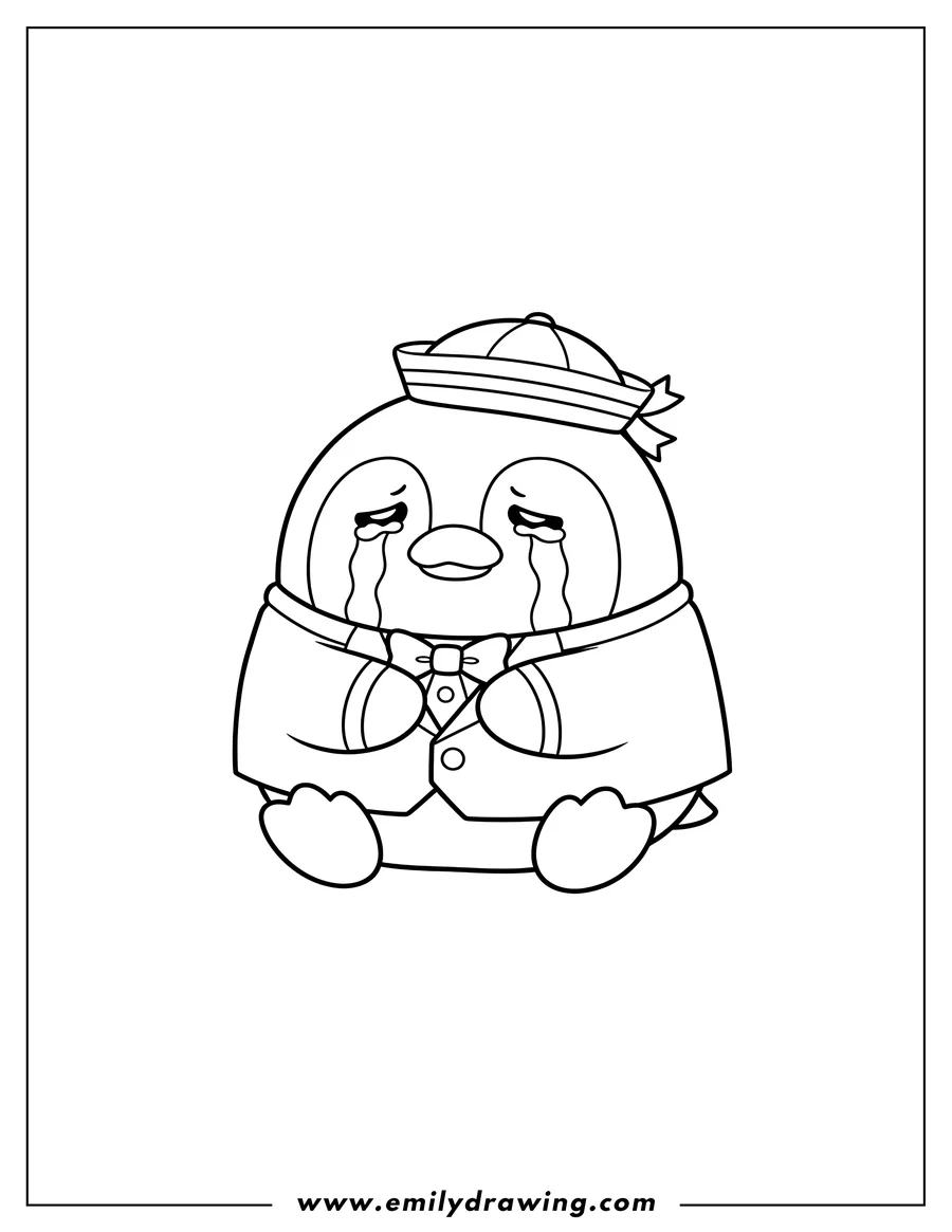 Downloadable coloring page of simple Tuxedo Sam crying, wearing a sailor hat