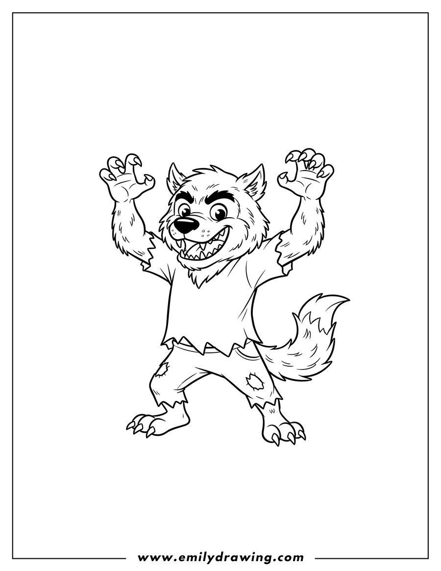 Doodle style coloring picture of simple Werewolf, snarling with bared fangs and arms raised, wearing ripped shirt and pants